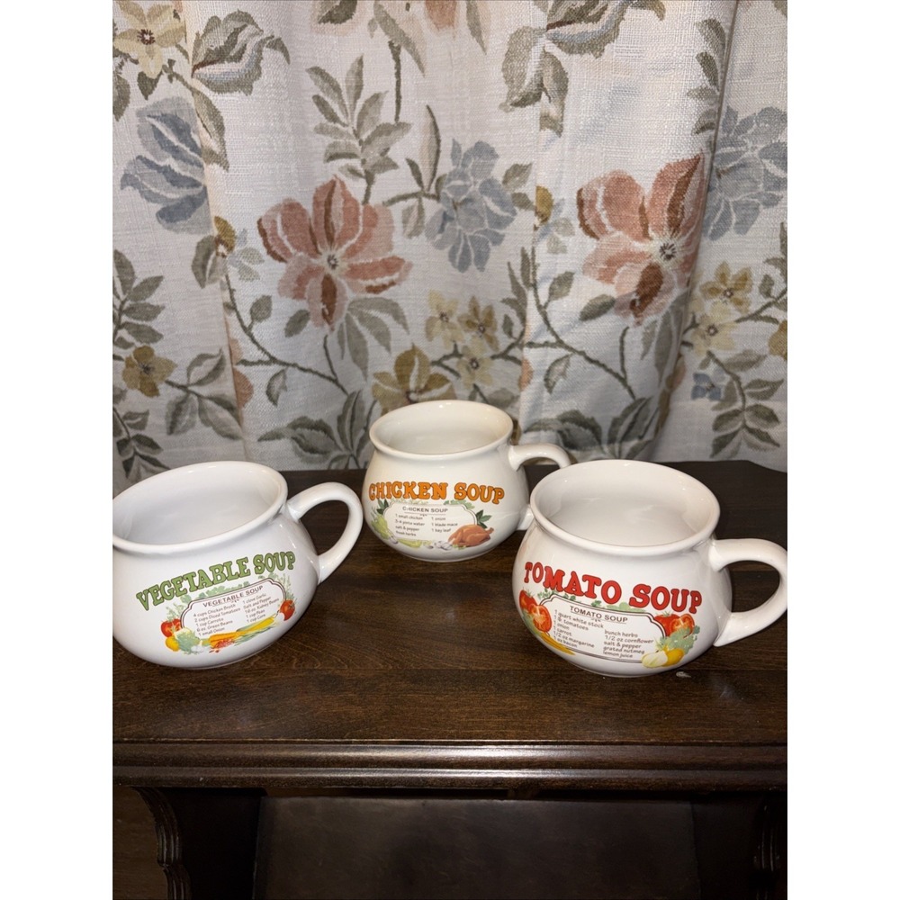 Vintage Recipe Soup Bowls Mugs Cups Set of 3 Vegetable Chicken Tomato